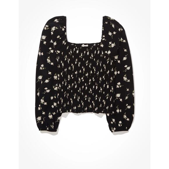 American Eagle Outfitters Tops - American Eagle Smocked Square Neck Blouse Top Women’s Size XS Black Floral Boho